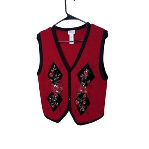 Vintage Koret Petites Red Embroidered Floral Velvet Diamond Argyle Button Vest S